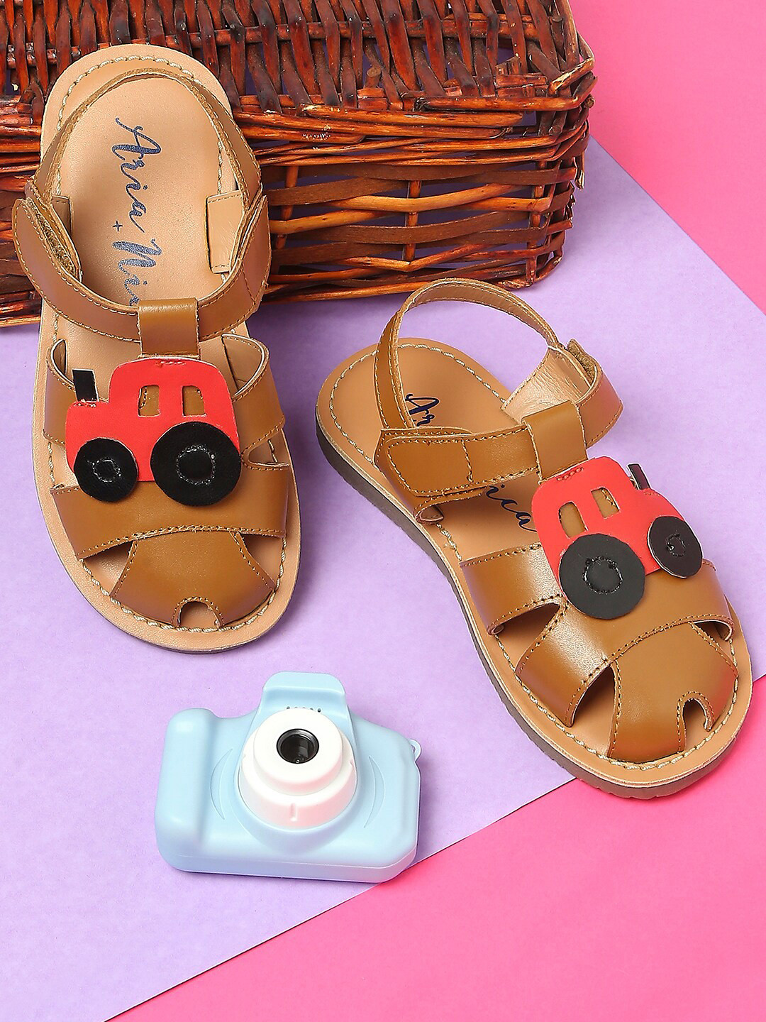 Aria Nica Boys Tractor Applique Leather Comfort Sandals