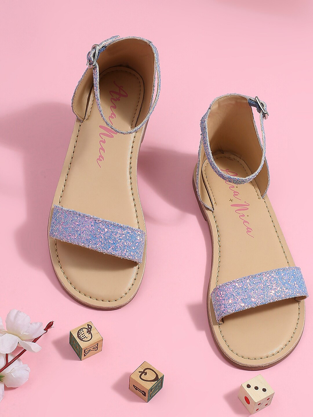 Aria Nica Girls Shimmered Open Toe Flats With Buckle Closure