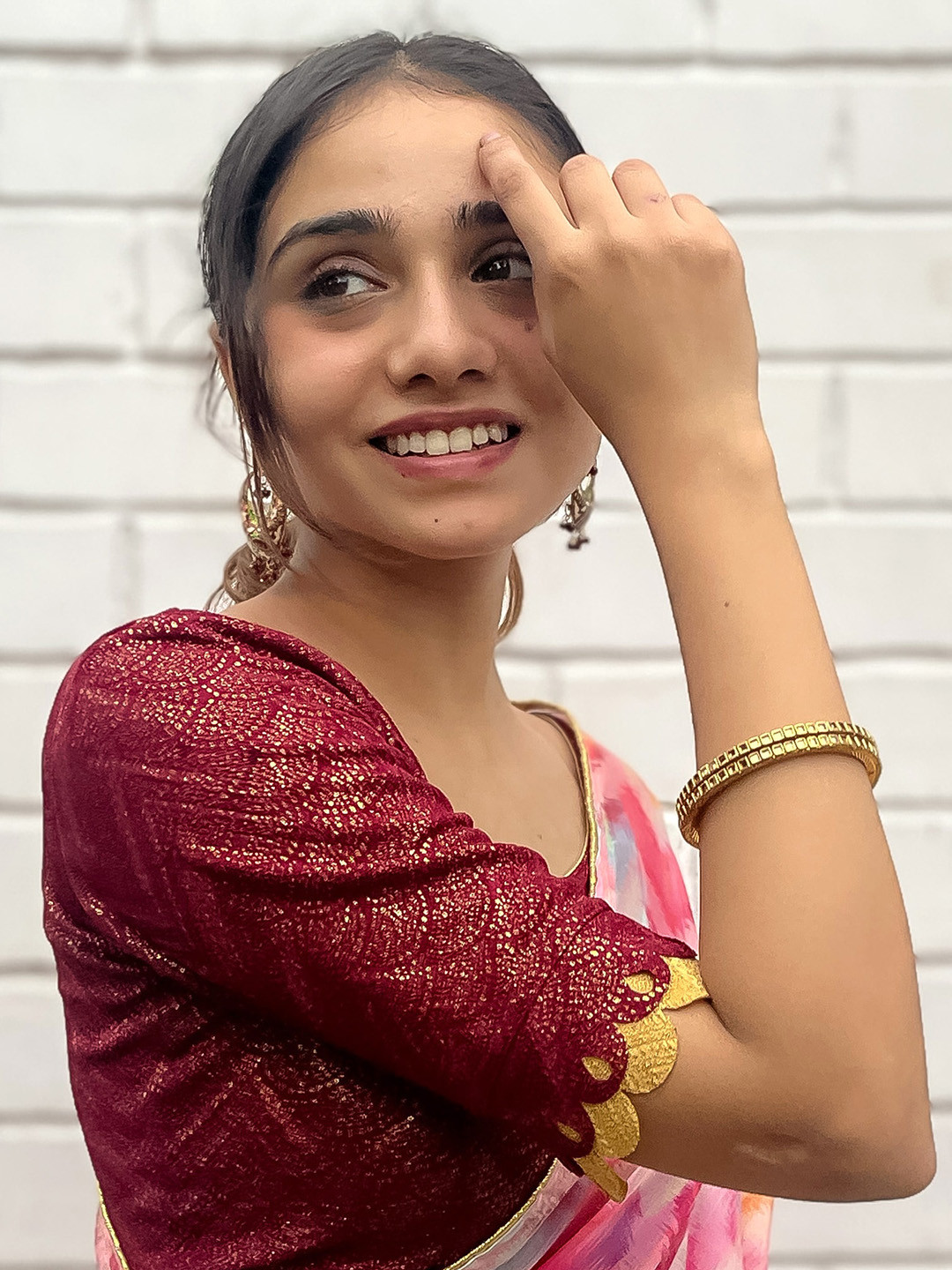 Bindigasm's Advi Embellished Jacquard Foil Fancy Scallop Sleeve Stretchable Saree Blouse