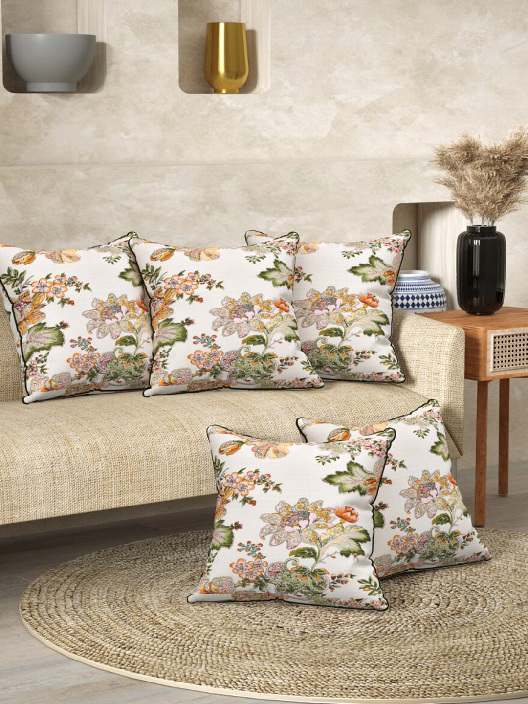 EasyGoods White Floral Cotton Quilted 5 Pcs Square Cushion Covers - 16.1 x 16.1 In