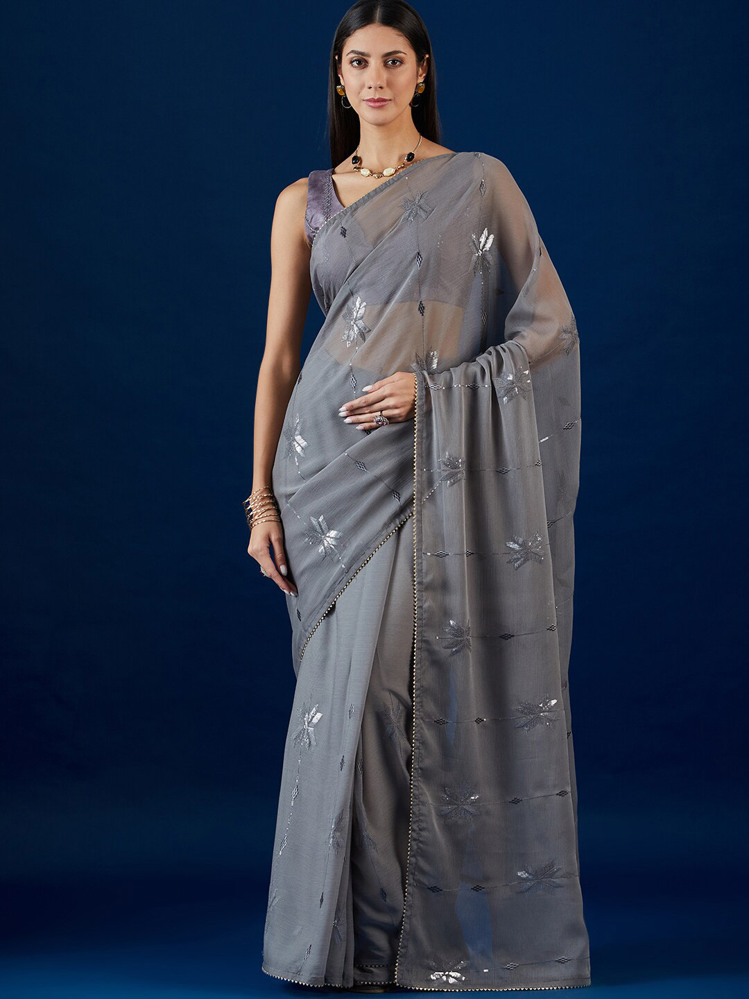Anouk Grey Floral Embroidered Sequence Pure Chiffon Saree
