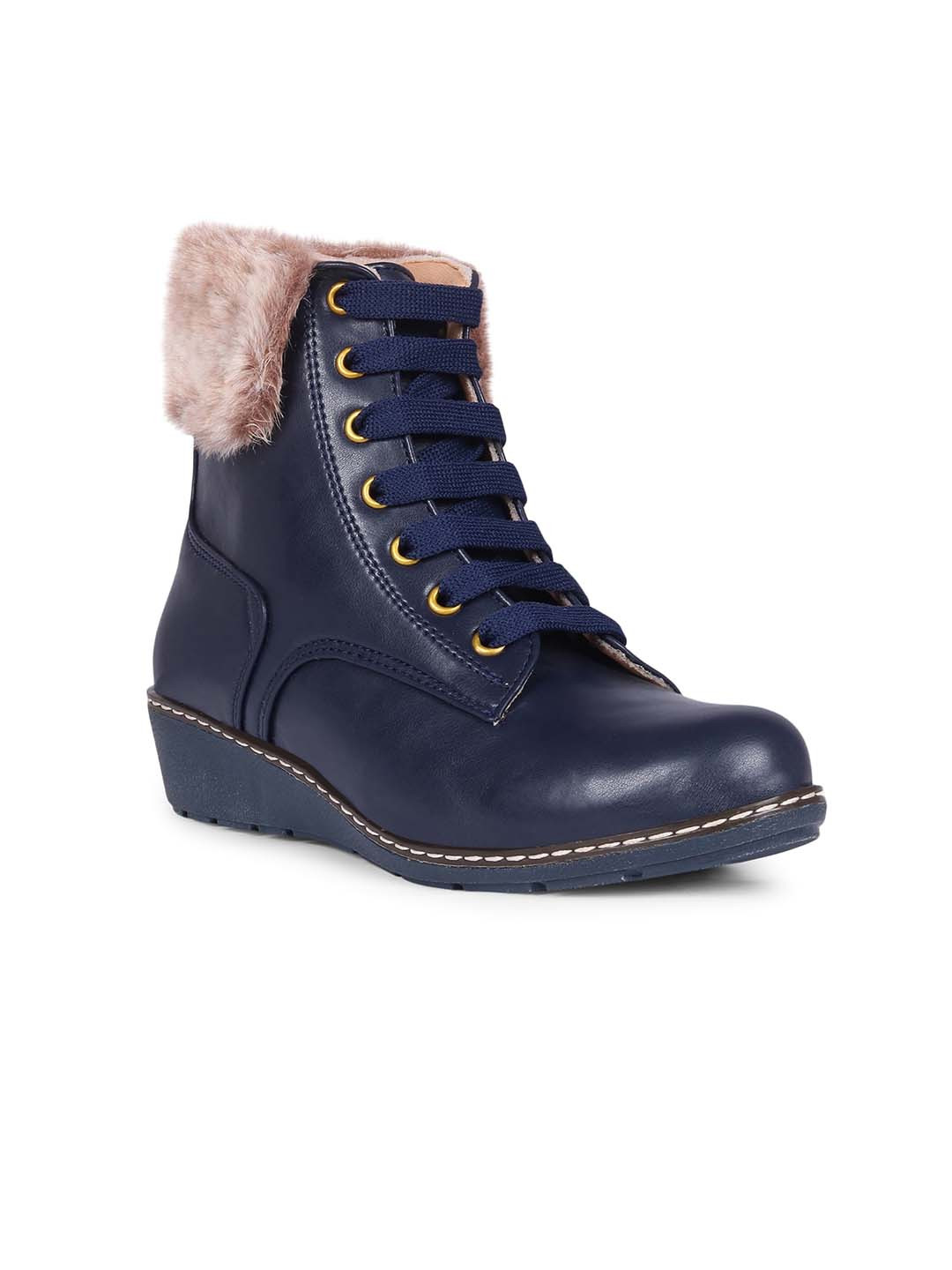 The Roadster Lifestyle Co. Women Navy Blue Mid Top Wedge Faux Fur Trim Regular Boots