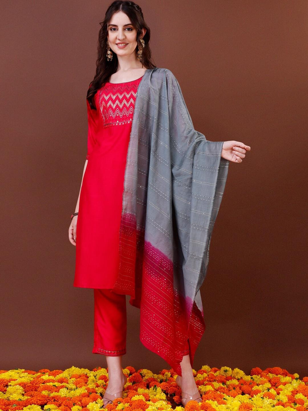 KALINI Geometric Embroidered Sequinned Straight Kurta With Trousers & Dupatta