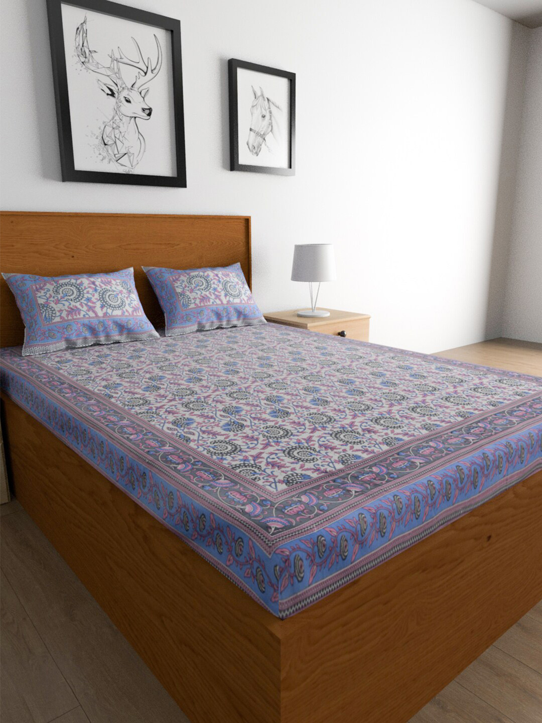 Urban Magic Blue Ethnic Motifs Cotton 104 TC King Fine Bedsheet with 2 Pillow Covers-108 x 89 inches