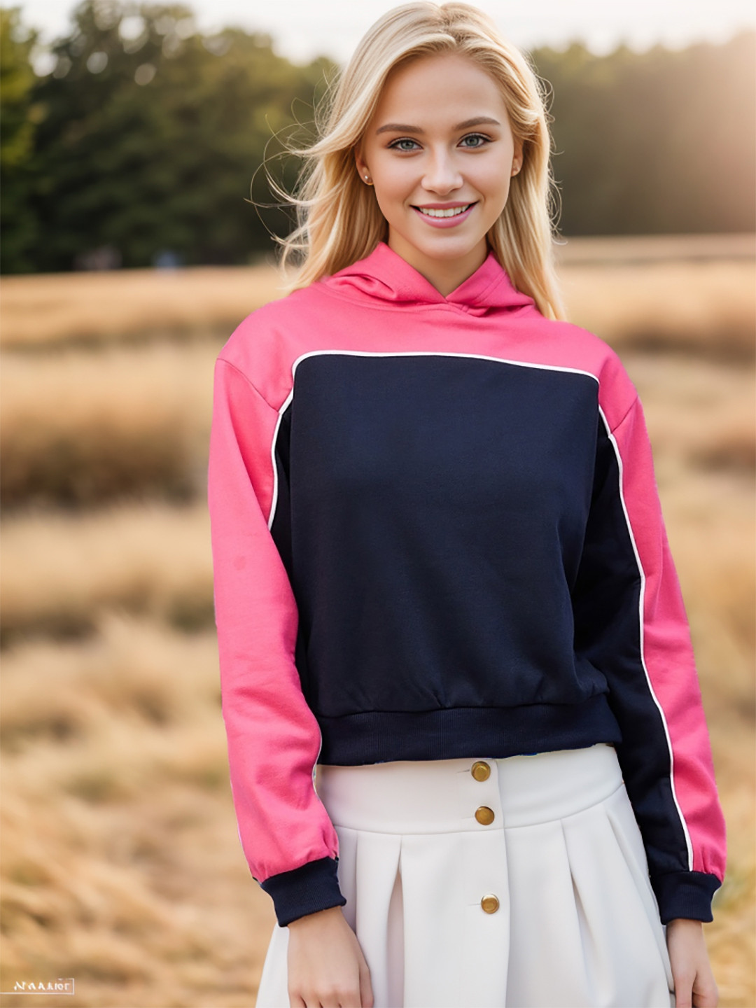 Marie Claire Navy Blue Colourblocked Hooded Sweatshirt