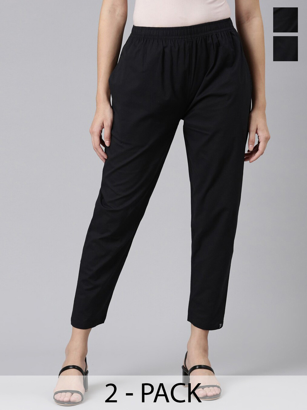 TWIN BIRDS Women Pack Of 2 Regular Fit Mid-Rise Plain Cotton Trousers