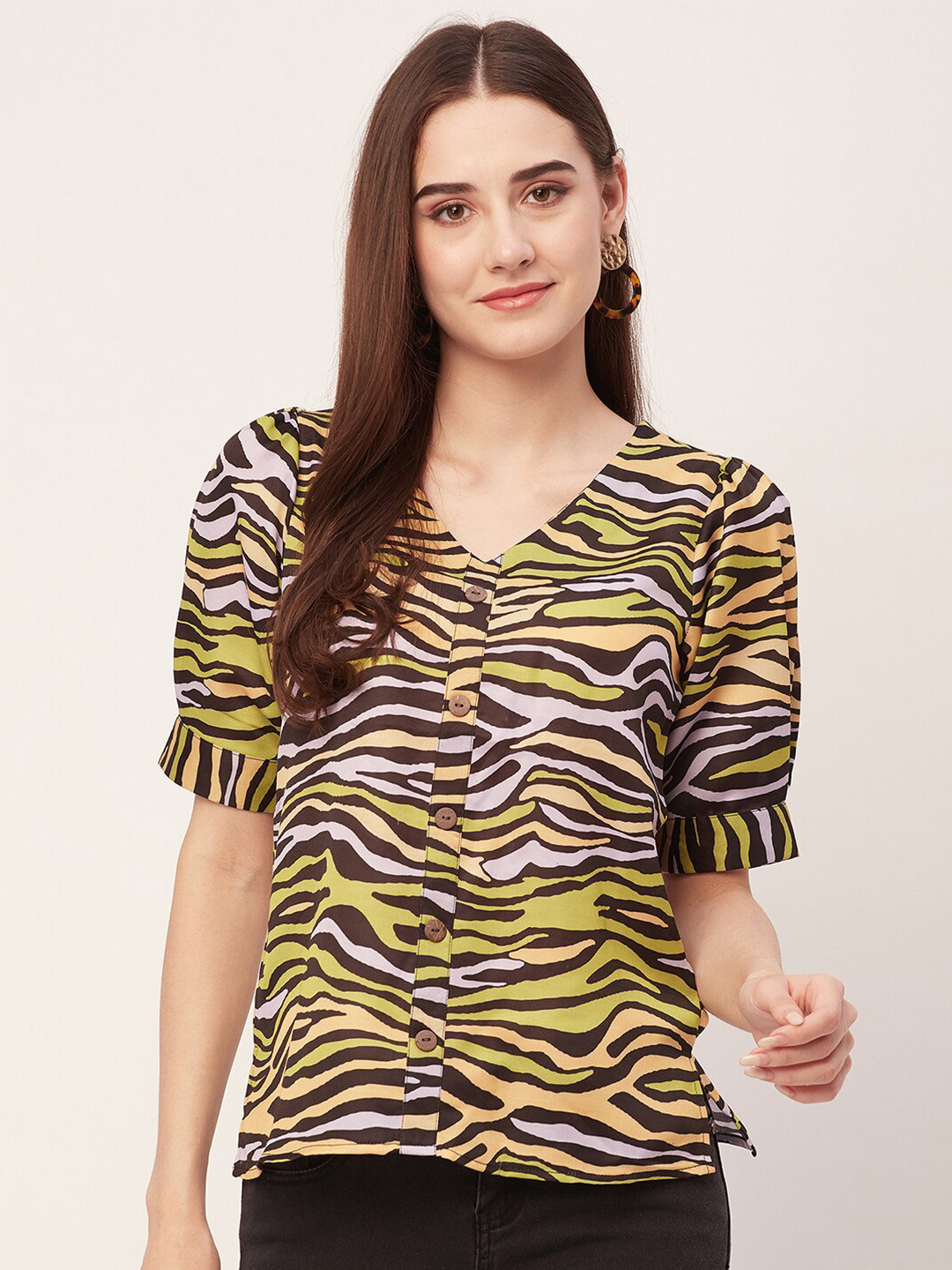 Moomaya Animal Skin Printed V-Neck Puff Sleeve Satin Regular Top