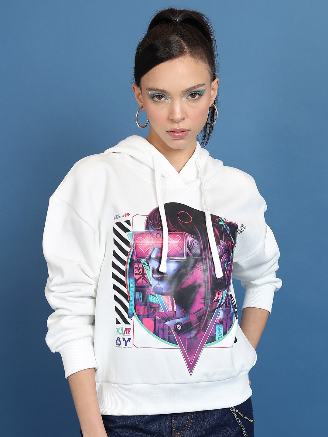 Tokyo Talkies White Graphic Printed Hooded Oversized Pullover Sweatshirt