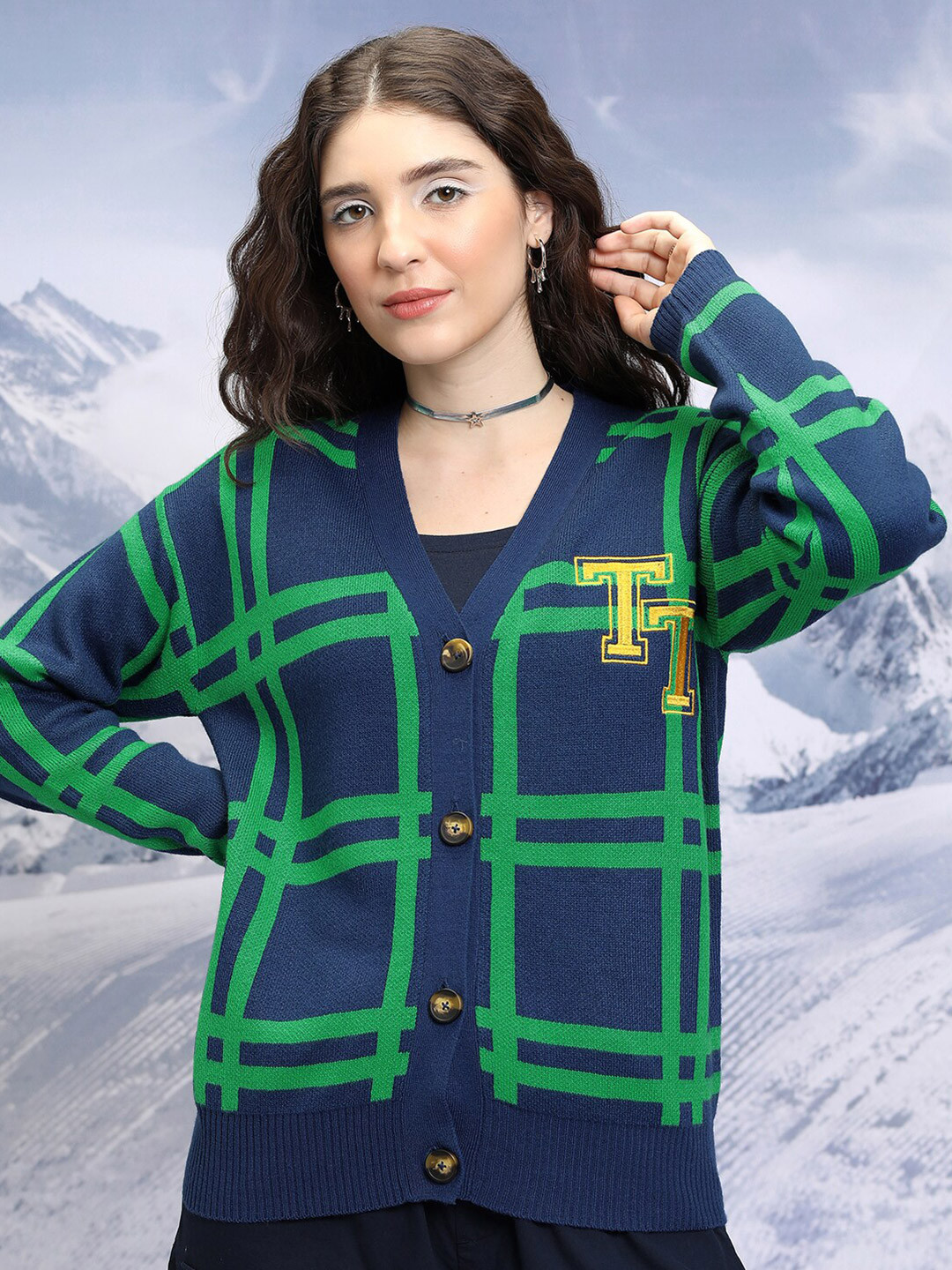 Tokyo Talkies Checked V-Neck Cardigan