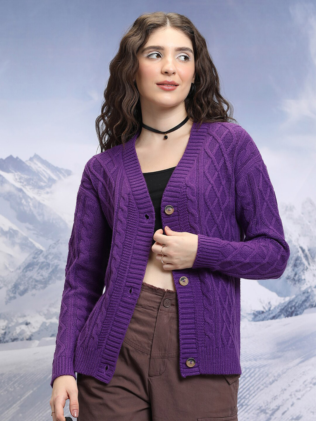 Tokyo Talkies Cable Knit Relaxed Acrylic Cardigan Sweater