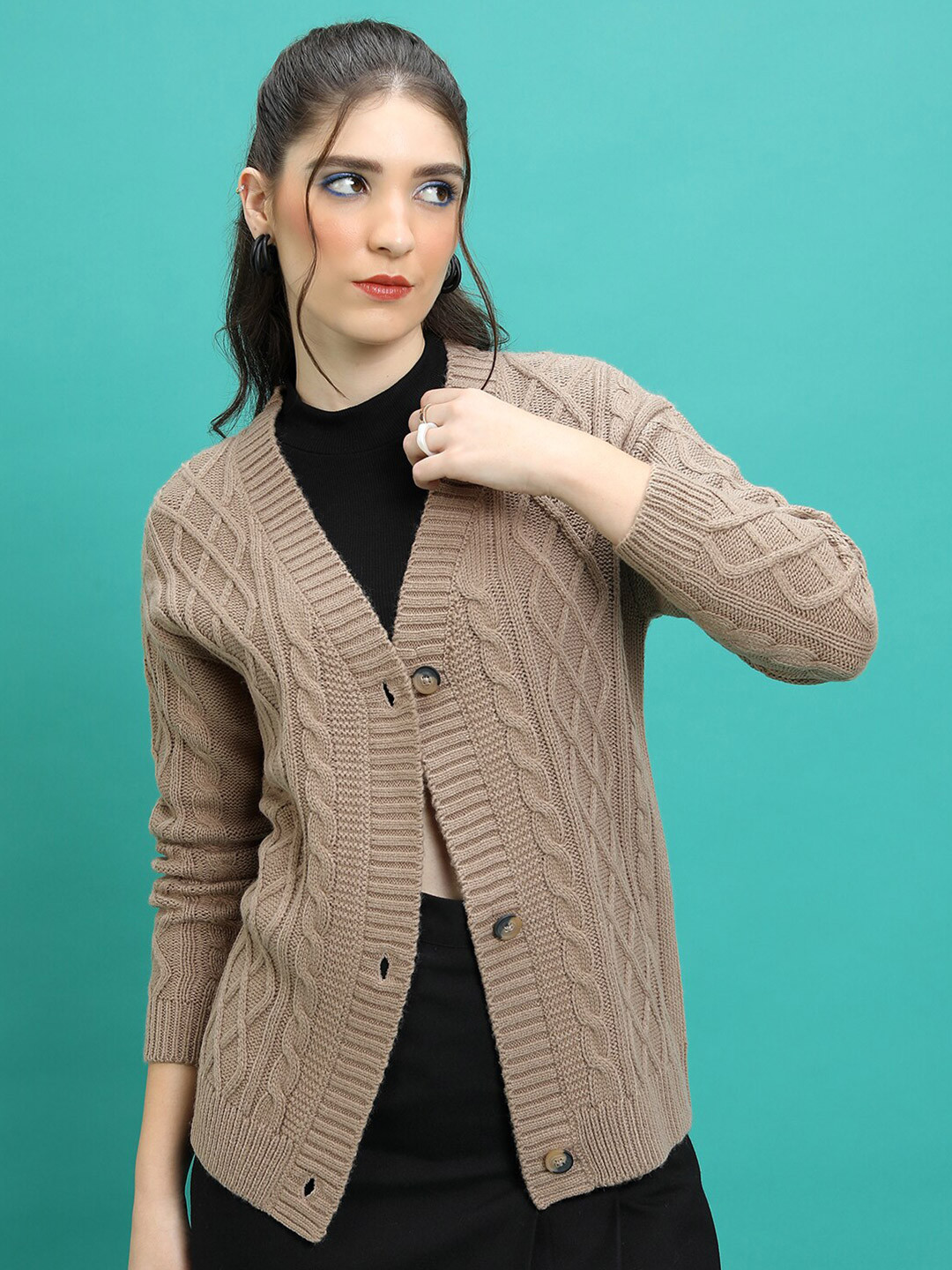 Tokyo Talkies Brown Cable Knit Self Design V-Neck Acrylic Cardigan