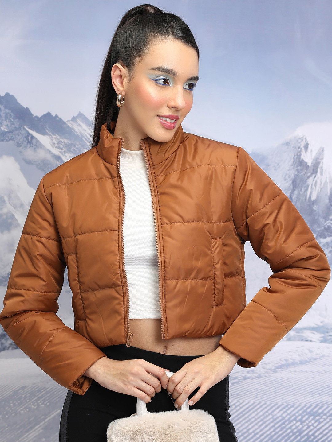 Tokyo Talkies Brown Mock Collar Crop Padded Jacket