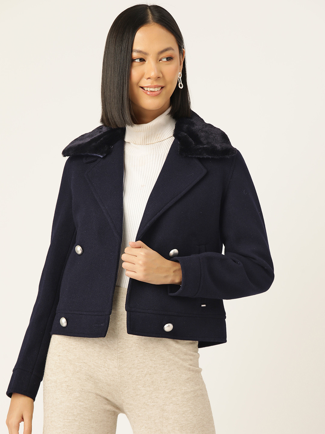 Okane Double-breasted Peacoat With Deatchable Faux-Fur Collar