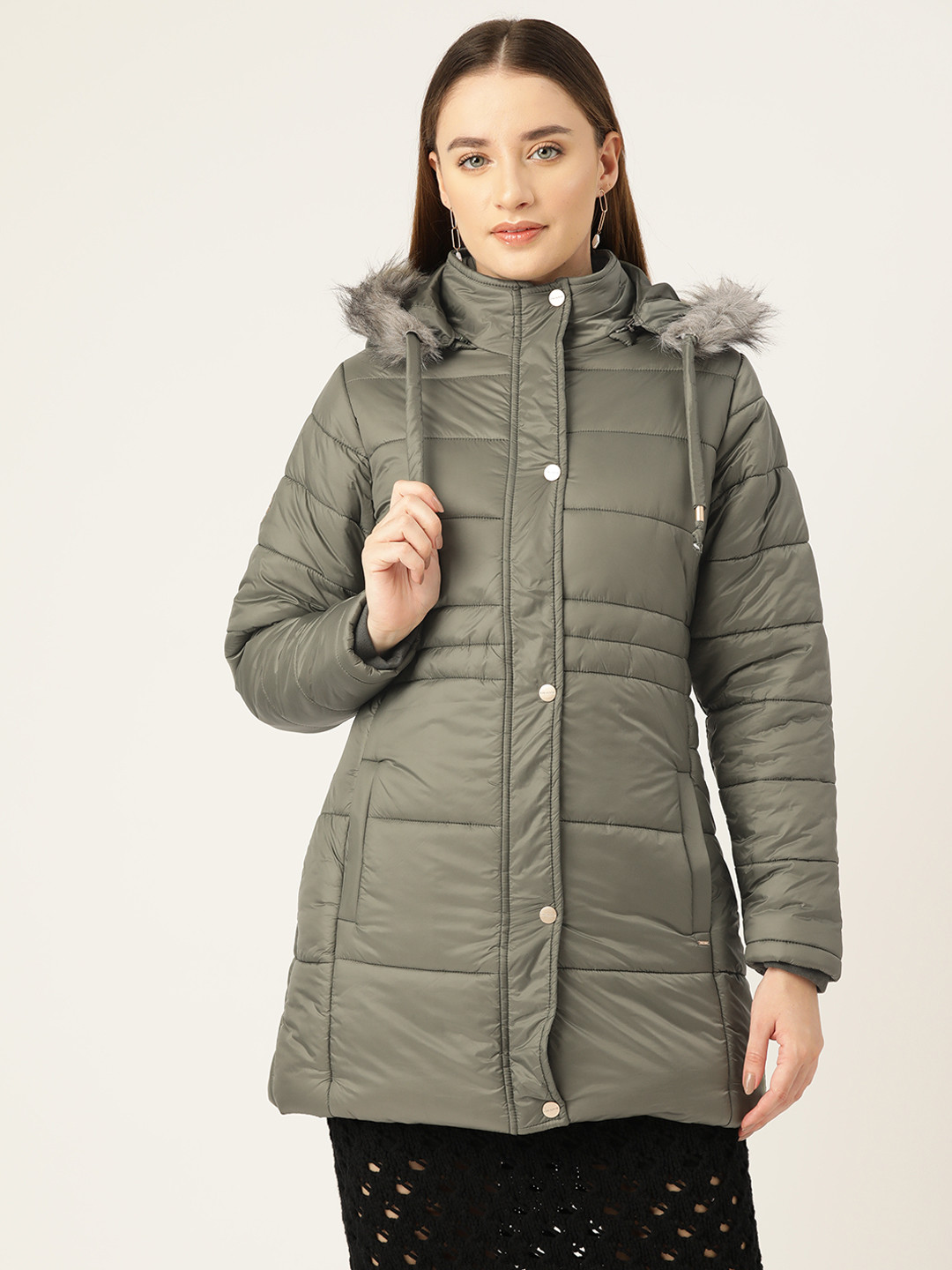 Okane Faux Fur Trims Detailed Detachable Hood Longline Padded Jacket