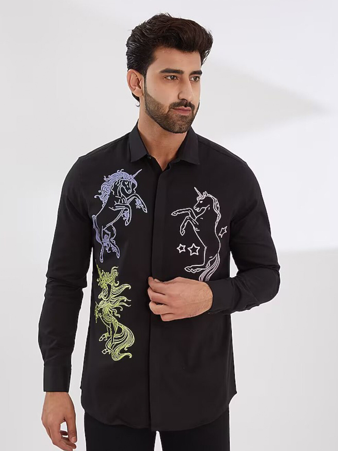 HE SPOKE Smart Tailored Fit Conversational Printed Twill Spread Collar Cotton Casual Shirt