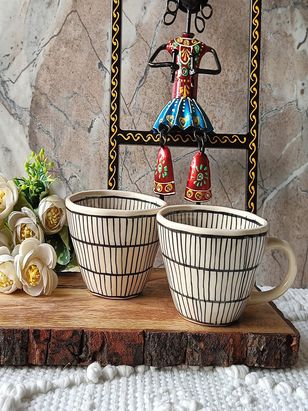 NIYARA White Geometric Ceramic Handmade 2 Piece Mugs-320ml