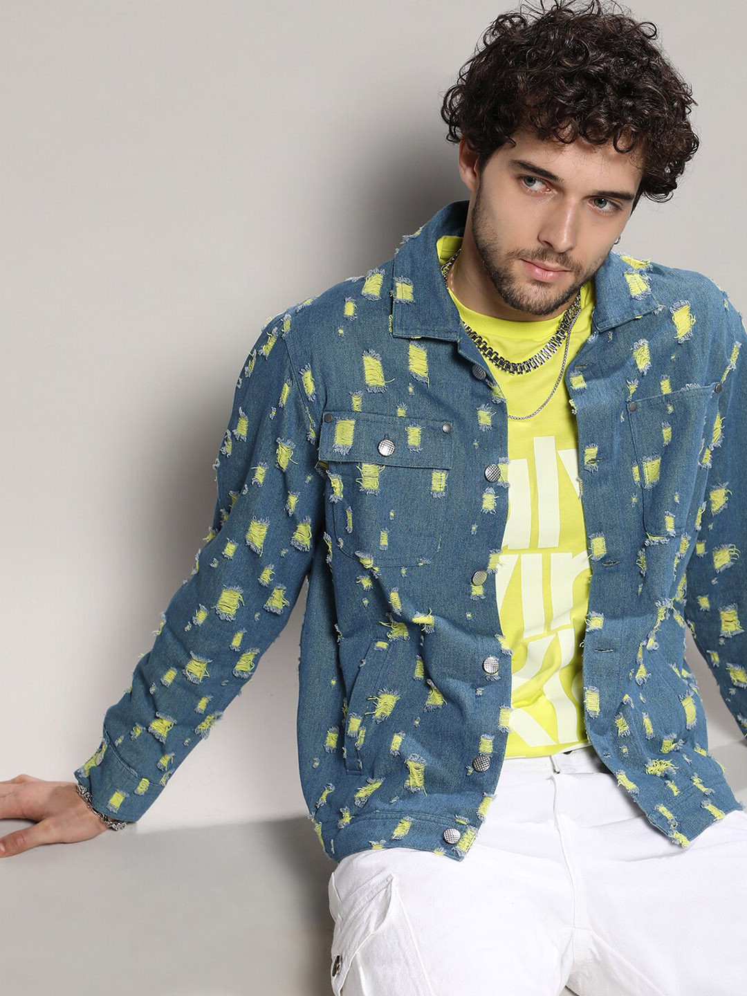 Campus Sutra Self Design Windcheater Heavy Distressed Cotton Denim Jacket