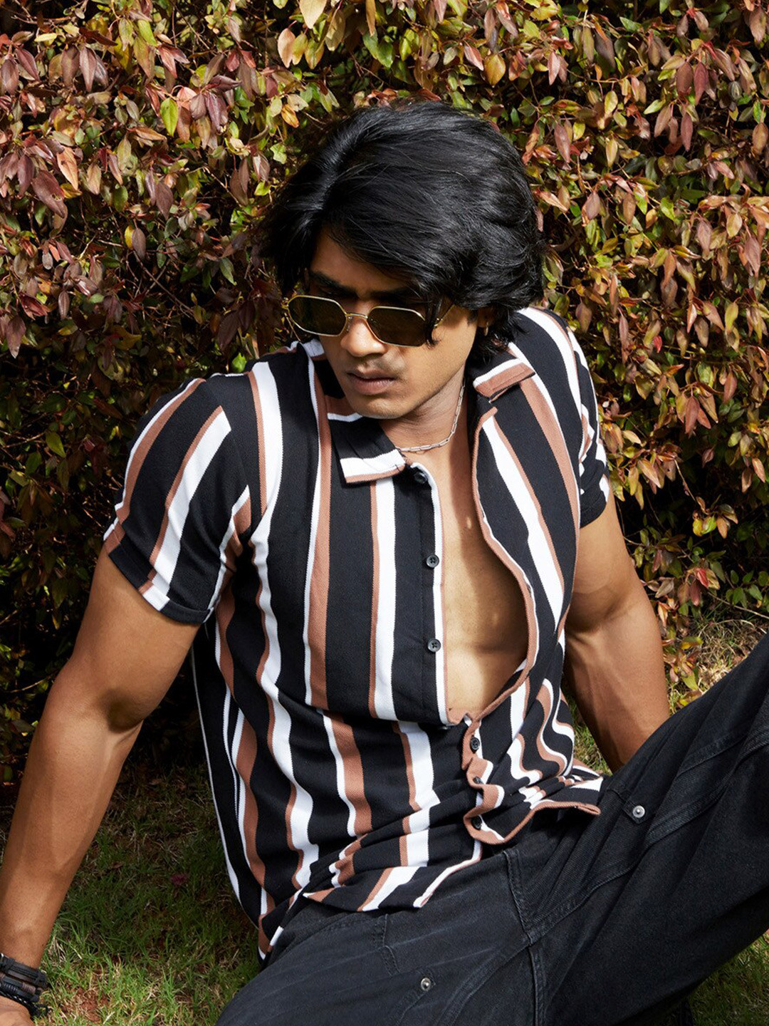 Campus Sutra Black & Brown Classic Vertical Striped Cotton Casual Shirt