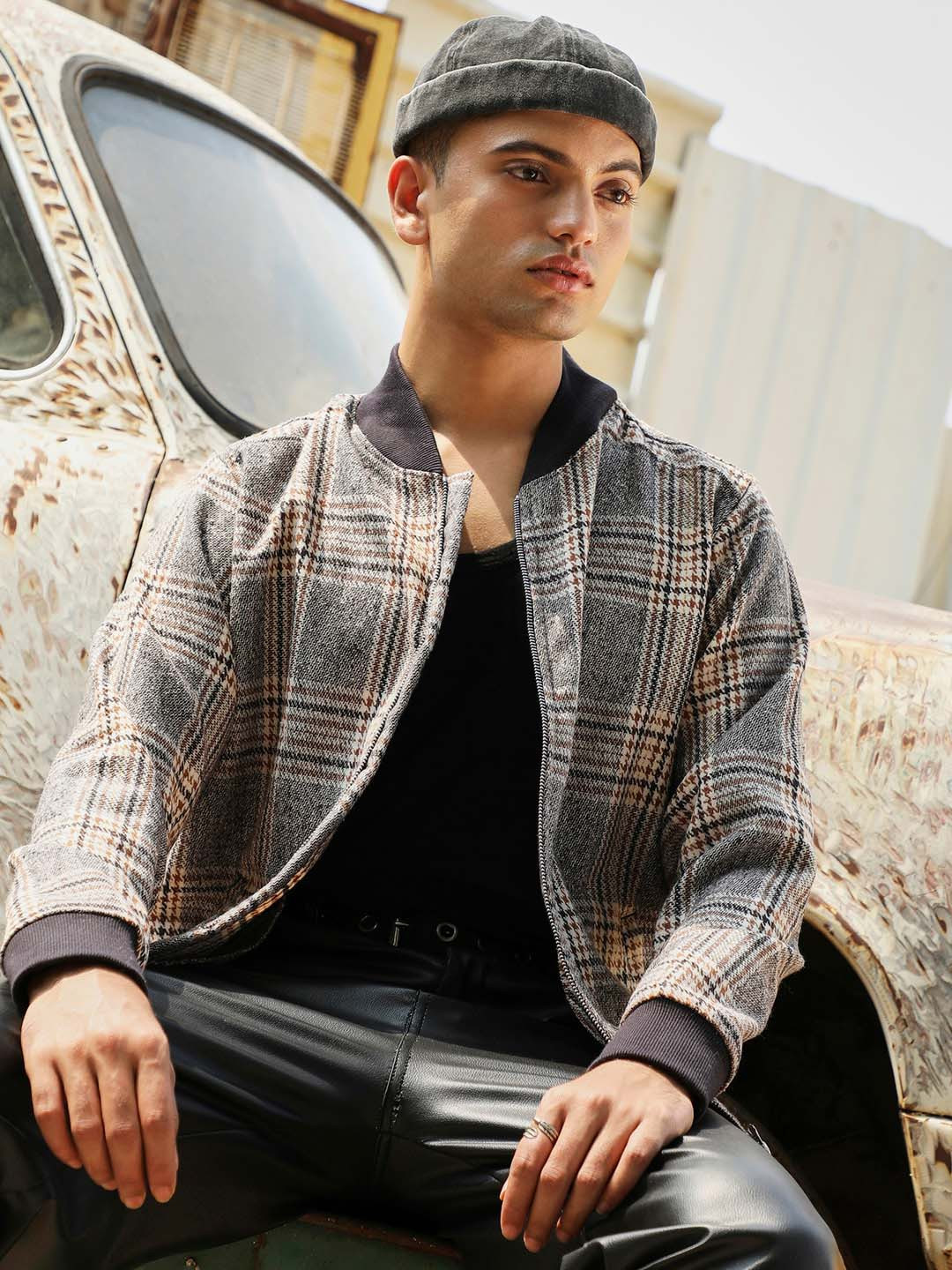 Campus Sutra Tartan Plaid Checked Windcheater Cotton Bomber Jacket