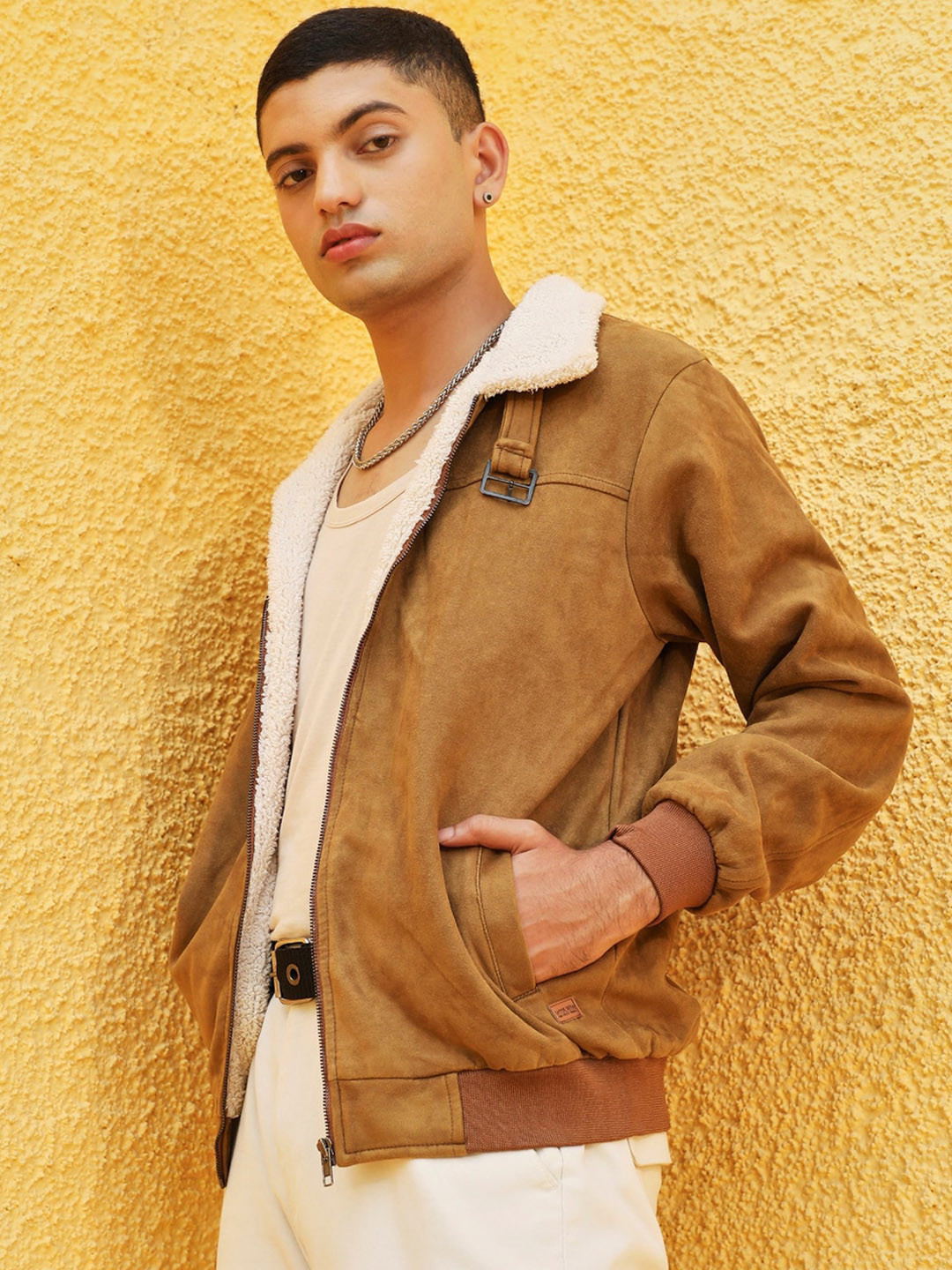 Campus Sutra Suede Windcheater Outdoor Faux Fur Trim Tailored Jacket