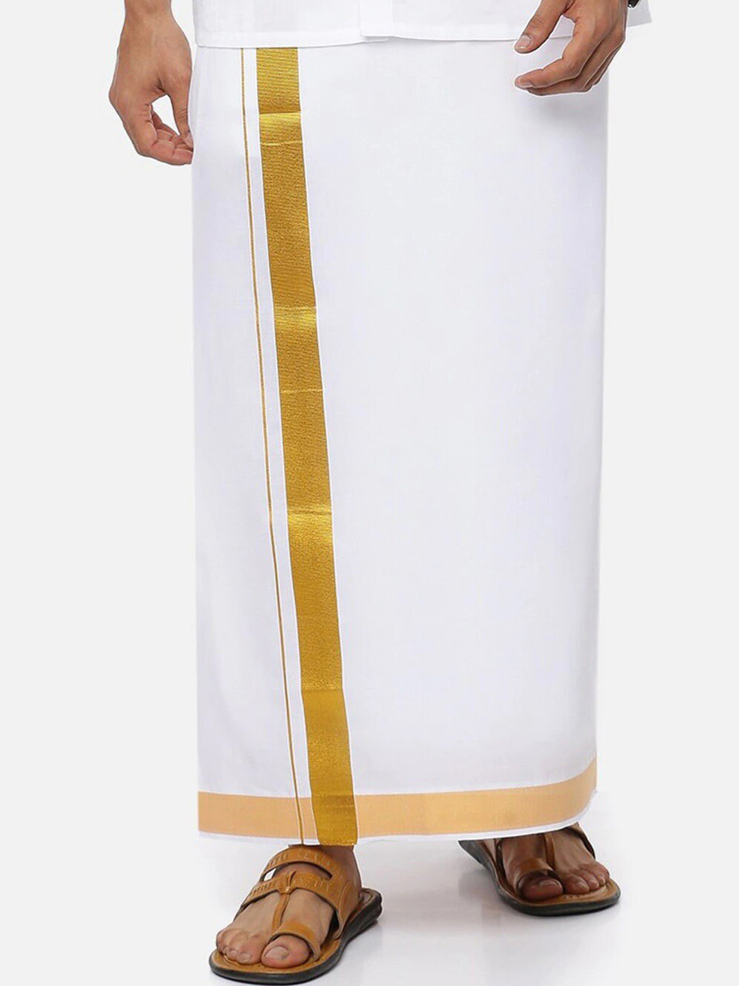 Ramraj Men Cotton Solid Gold Jari Border Single Layer Dhoti
