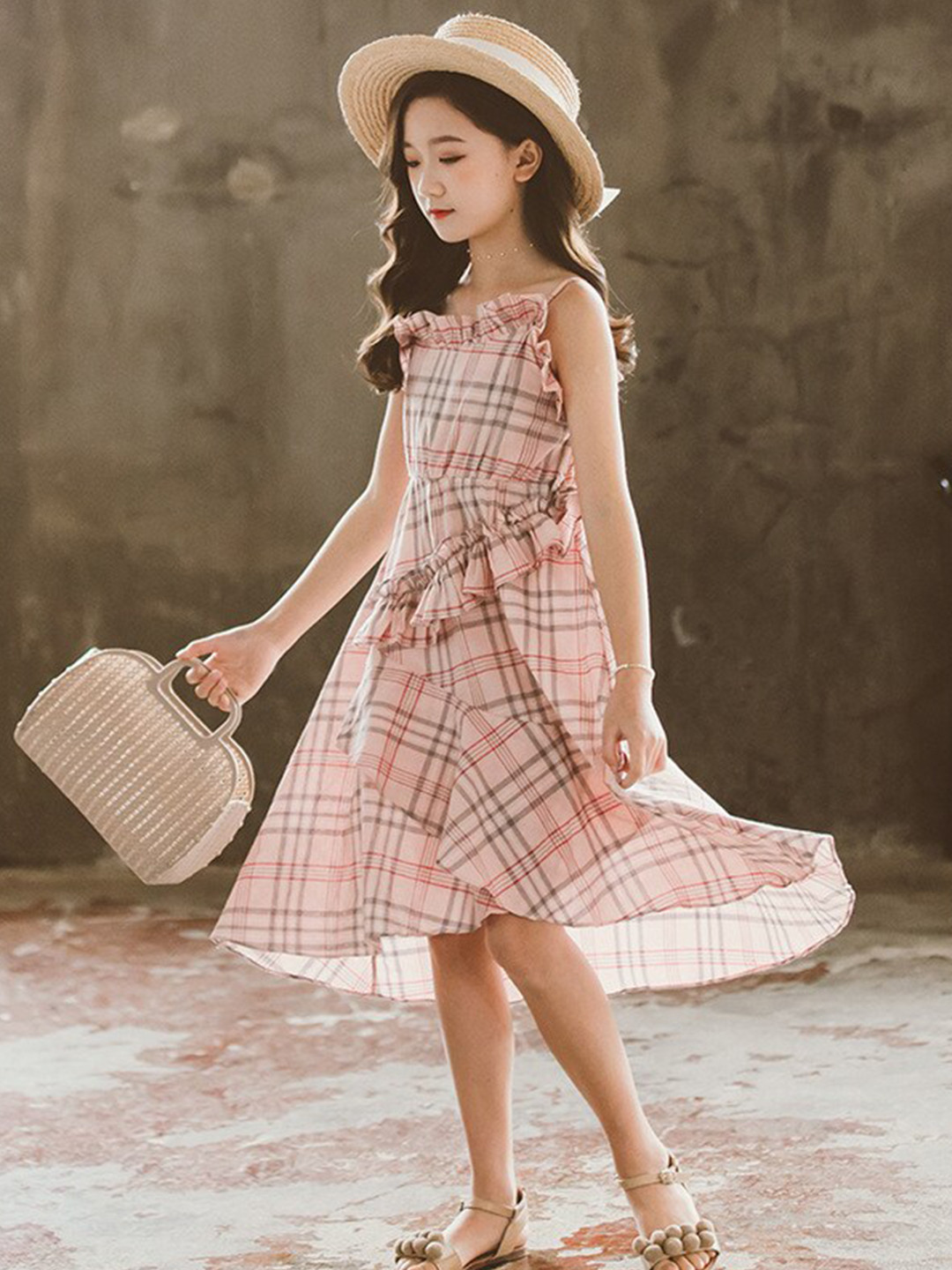 StyleCast Girls Pink & Grey Checked Layered Fit & Flare Midi Cotton Dress