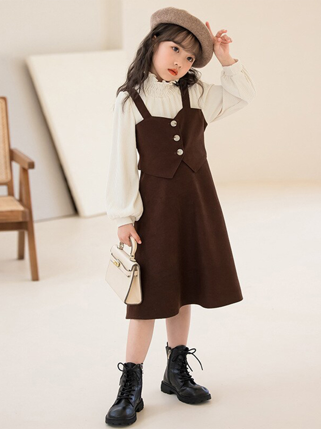 StyleCast Brown Shoulder Strap Cotton Pinafore Midi Dress