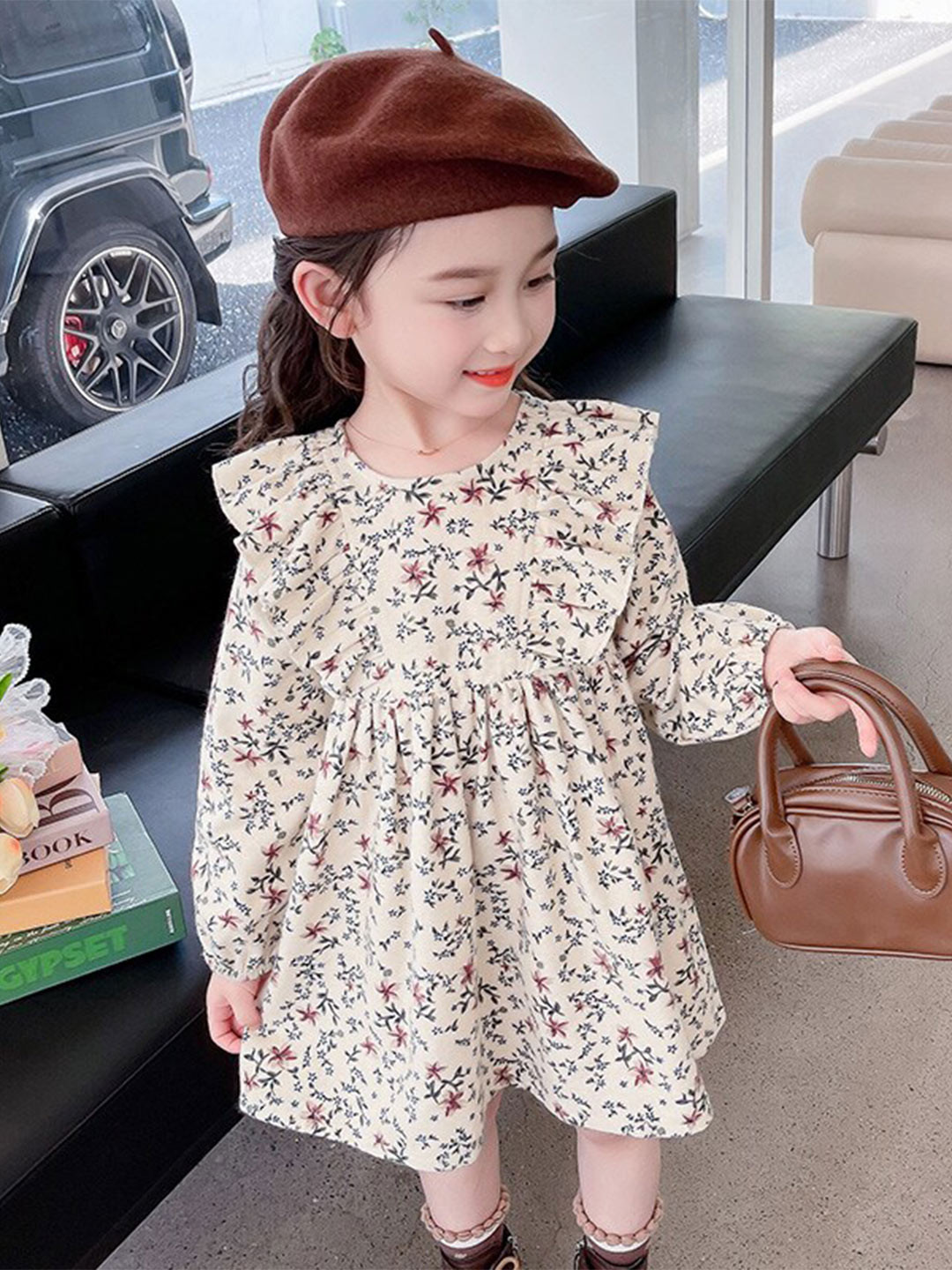 StyleCast Beige Girls Floral Printed Ruffled Fit & Flare Mini Dress