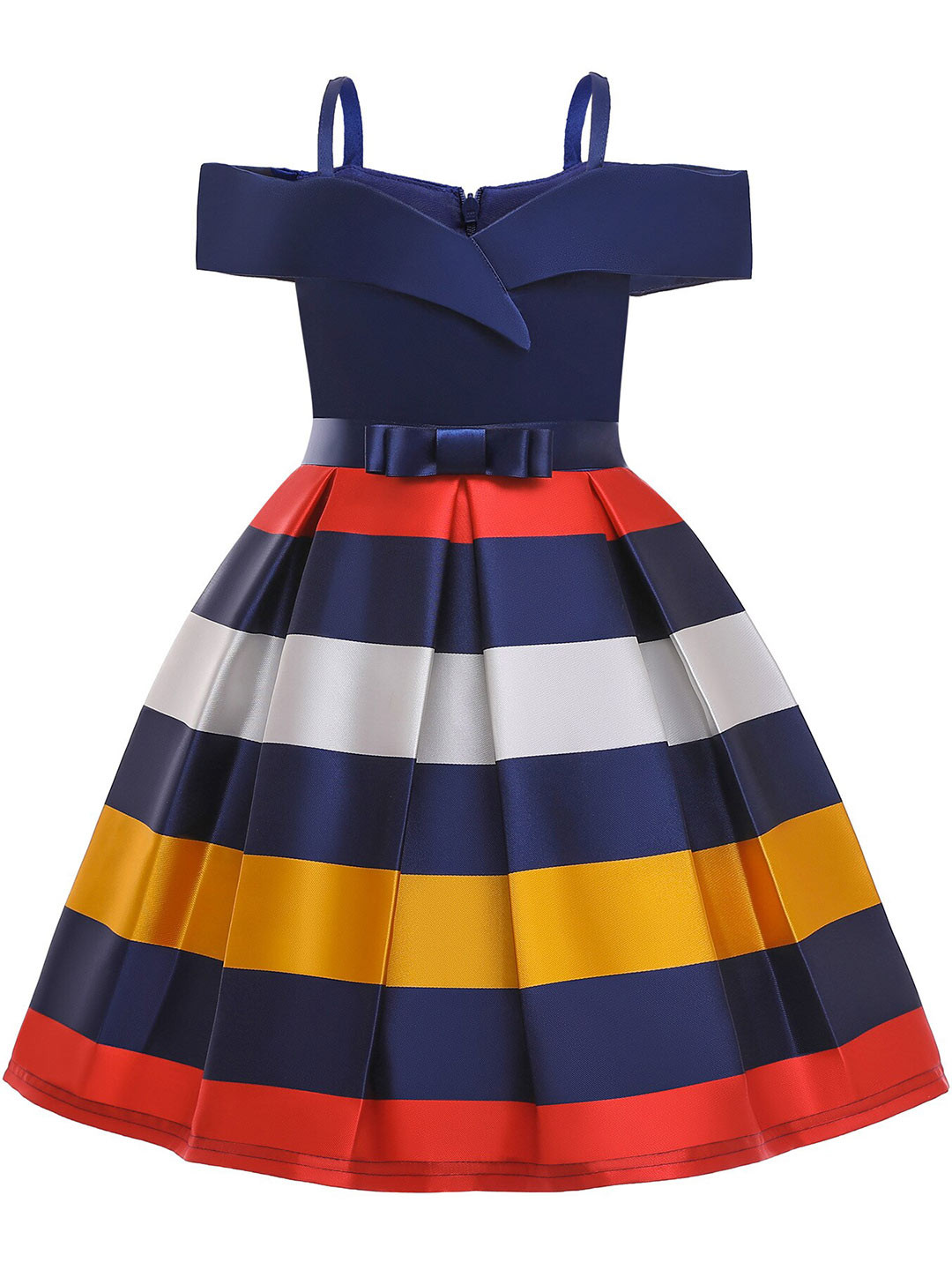 StyleCast Girls Blue Striped Cold-Shoulder Sleeves Pleated Bow Cotton Fit & Flare Dress