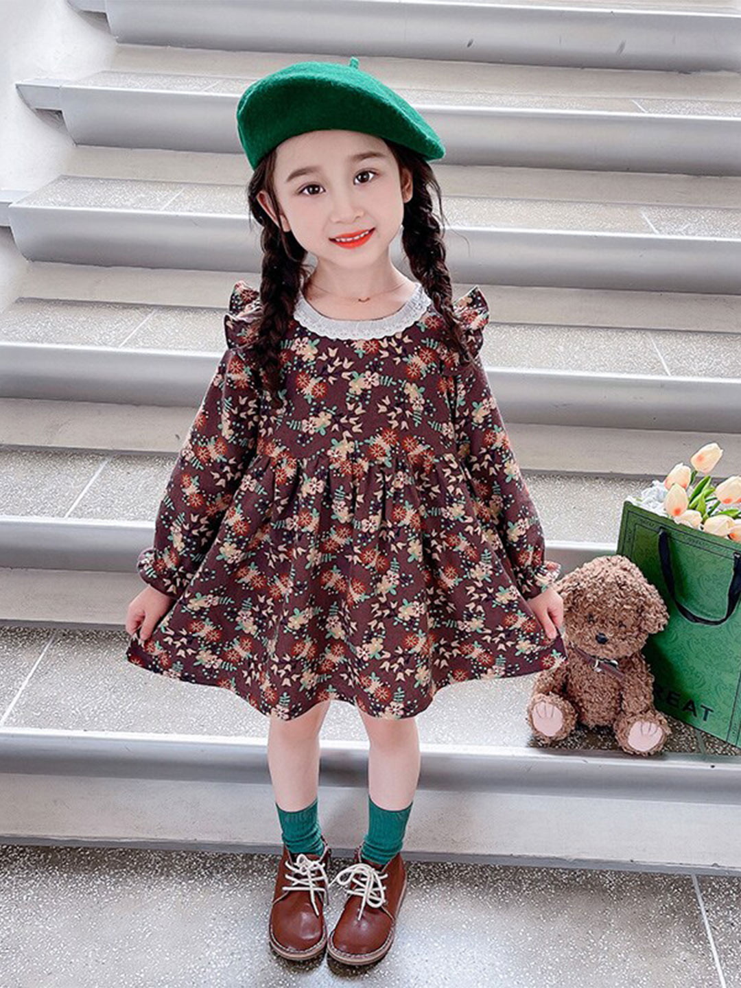 StyleCast Brown Girls Floral Printed Cuffed Sleeve Ruffled Fit & Flare Cotton Dress
