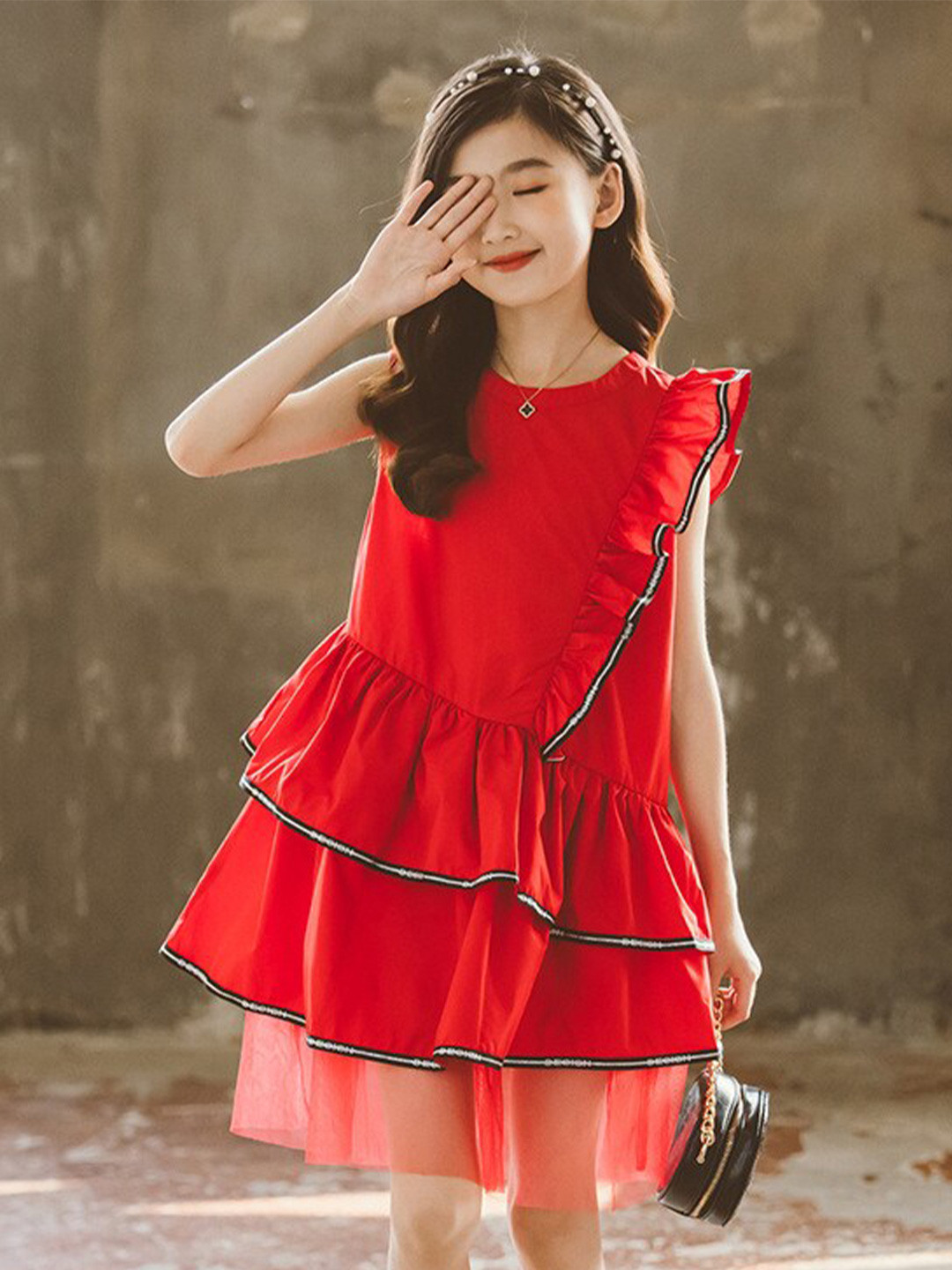StyleCast Girls Red Layered Ruffled Cotton Fit & Flare Midi Dress