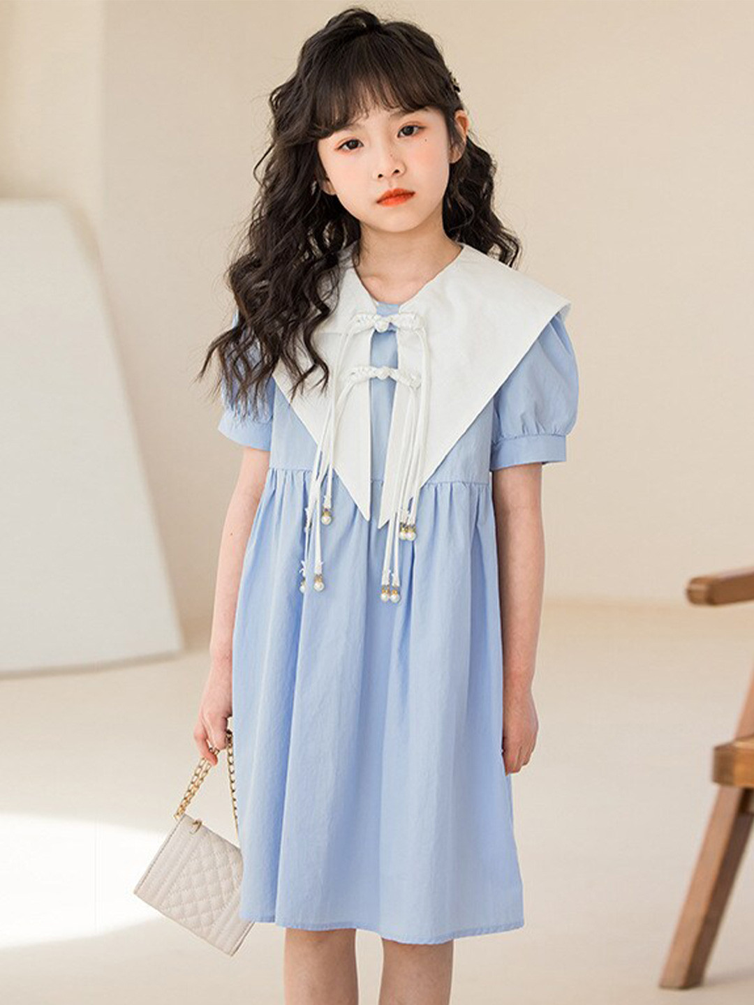 StyleCast Girls Blue Puff Sleeves Cotton Bow Detailed Fit & Flare Dress