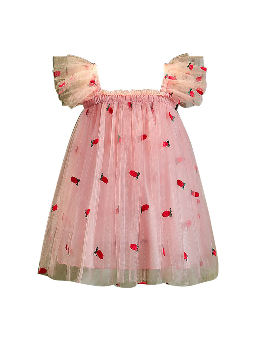 StyleCast Girls Pink Self Design Square Neck Flared Sleeves A-Line Dress