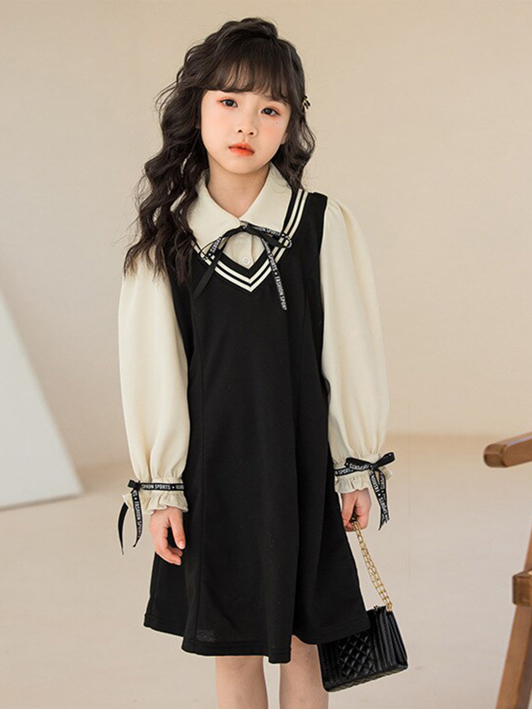 StyleCast Black Girls Colourblocked Puff Sleeve Bow Detailed Cotton Shirt Midi Dress
