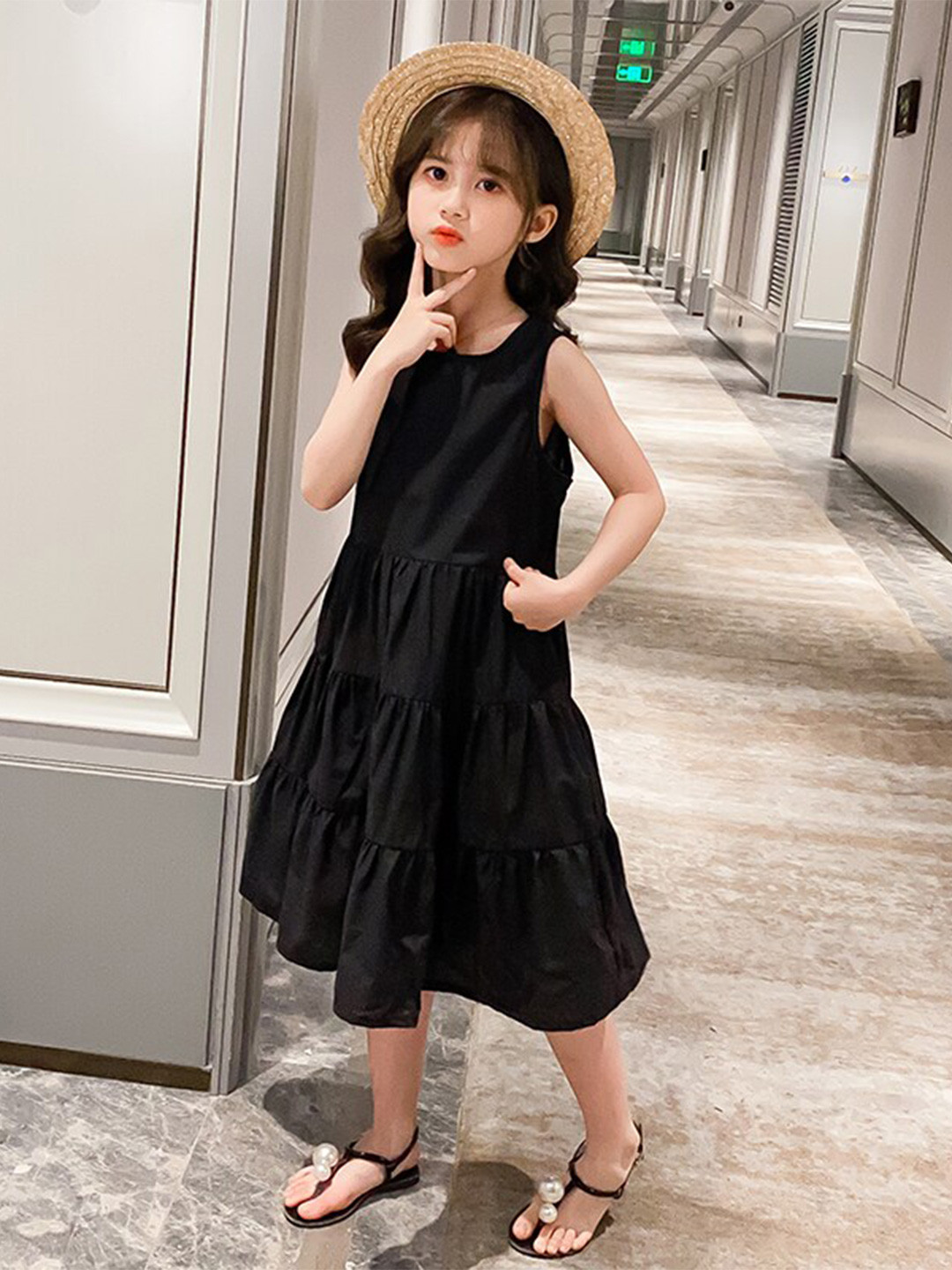 StyleCast Black Girld Round Neck Sleeveless Fit & Flare Cotton Midi Dress