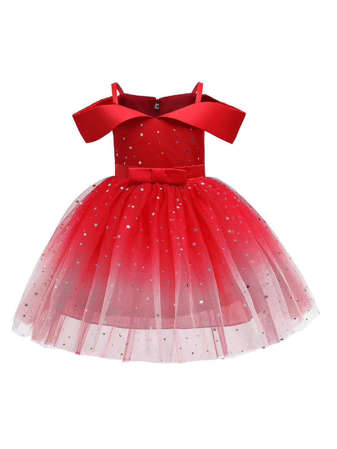 StyleCast Girls Red Embellished Shoulder Straps Cold Shoulder Bow Fit & Flare Midi Dress