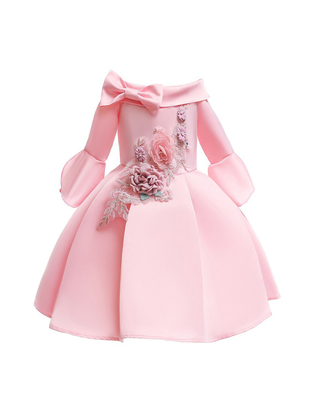 StyleCast Girls Pink Floral Embroidered Bell Sleeves Pleated Cotton Balloon Dress