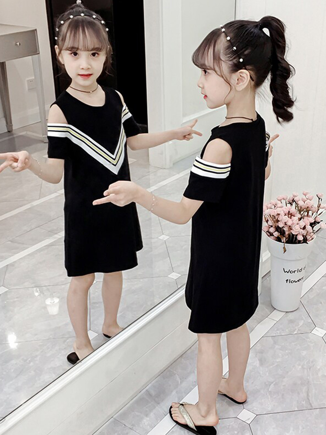 StyleCast Girls Black & White Cold-Shoulder Sleeves Above Knee Cotton  A-Line Dress