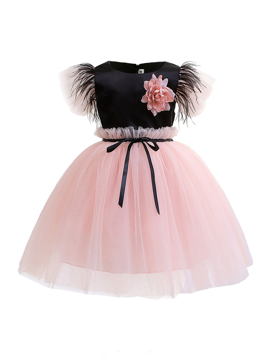 StyleCast Girls Black & Pink Puff Sleeves Bow Tulle Fit & Flare Dress