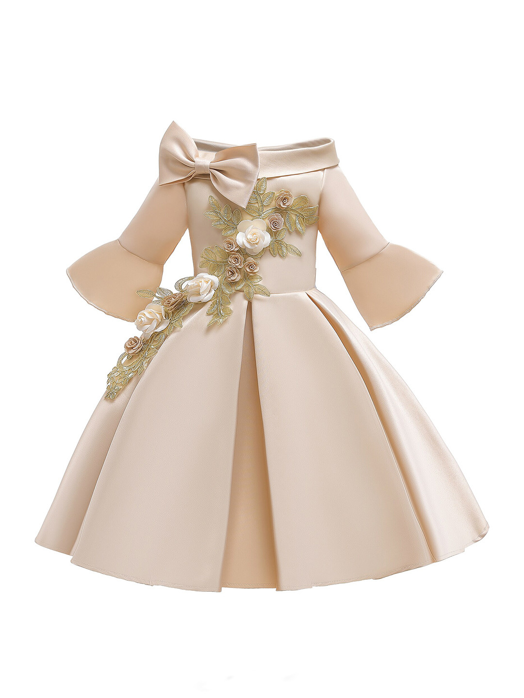 StyleCast Girls Champagne Floral Embroidered Bell Sleeves Pleated Balloon Dress