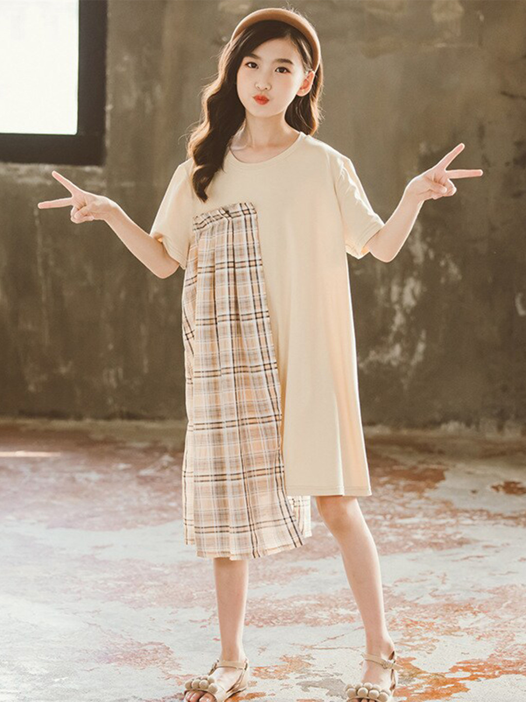 StyleCast Girls Beige Checked Cotton T-shirt Dress