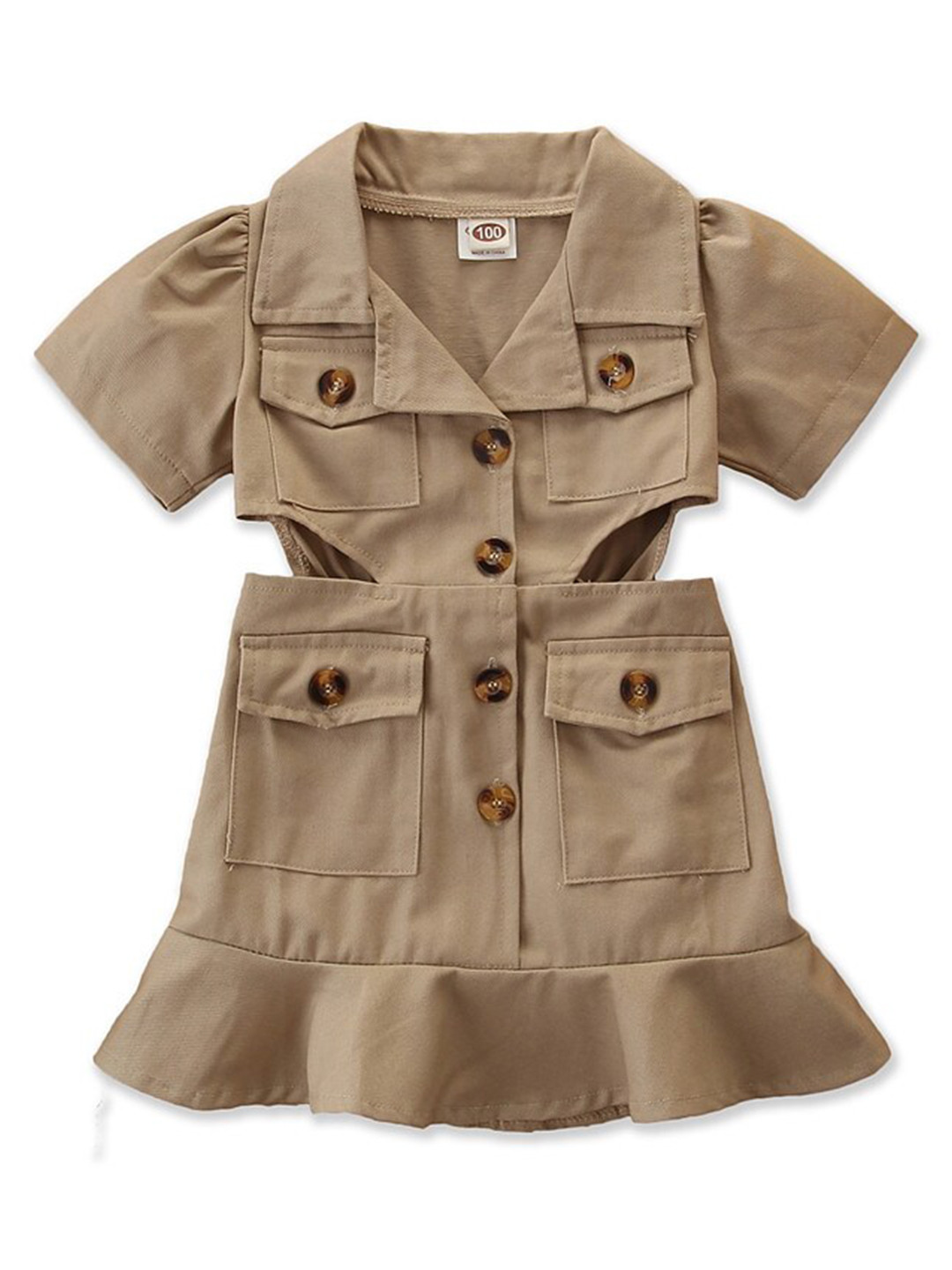 StyleCast Girls Khaki Shirt Collar Cut-Outs Cotton A-Line Midi Dress