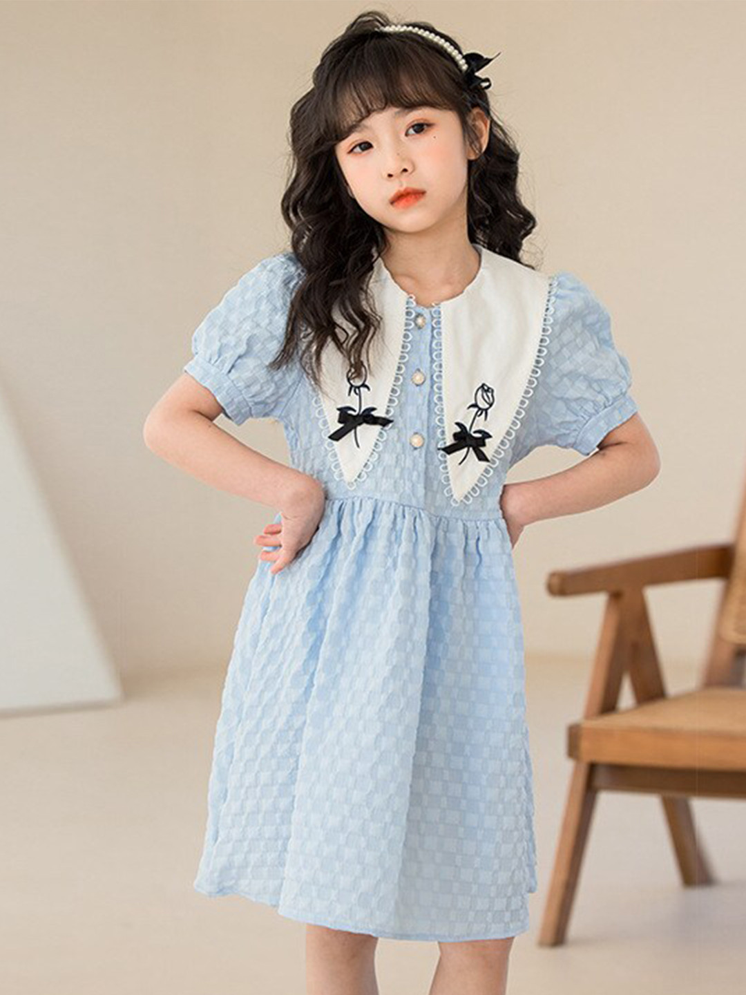 StyleCast Girls Blue Puff Sleeve Bow Detailed Cotton Fit & Flare Midi Dress