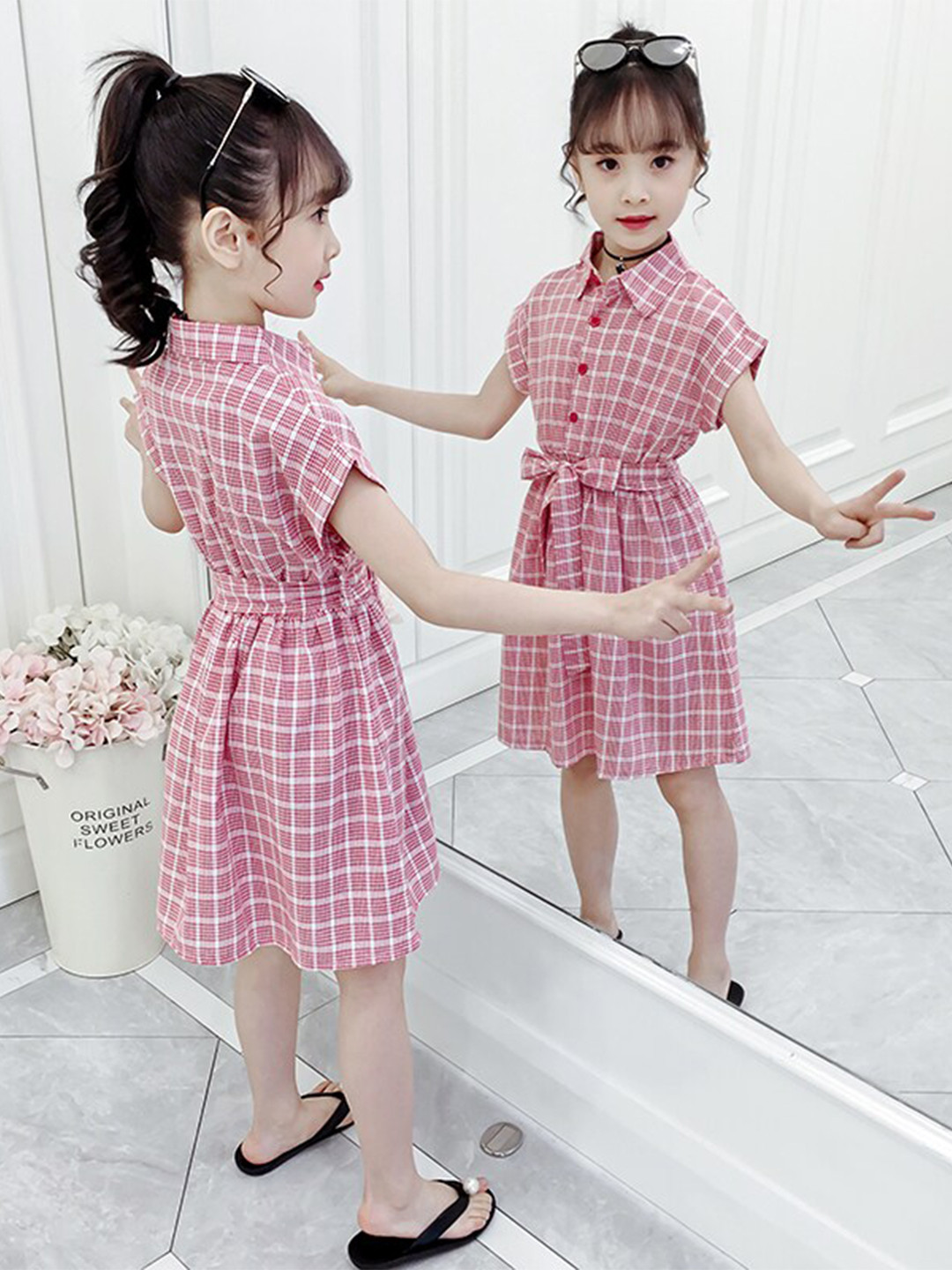 StyleCast Girls Pink Checked Extended Sleeves Cotton Shirt Dress