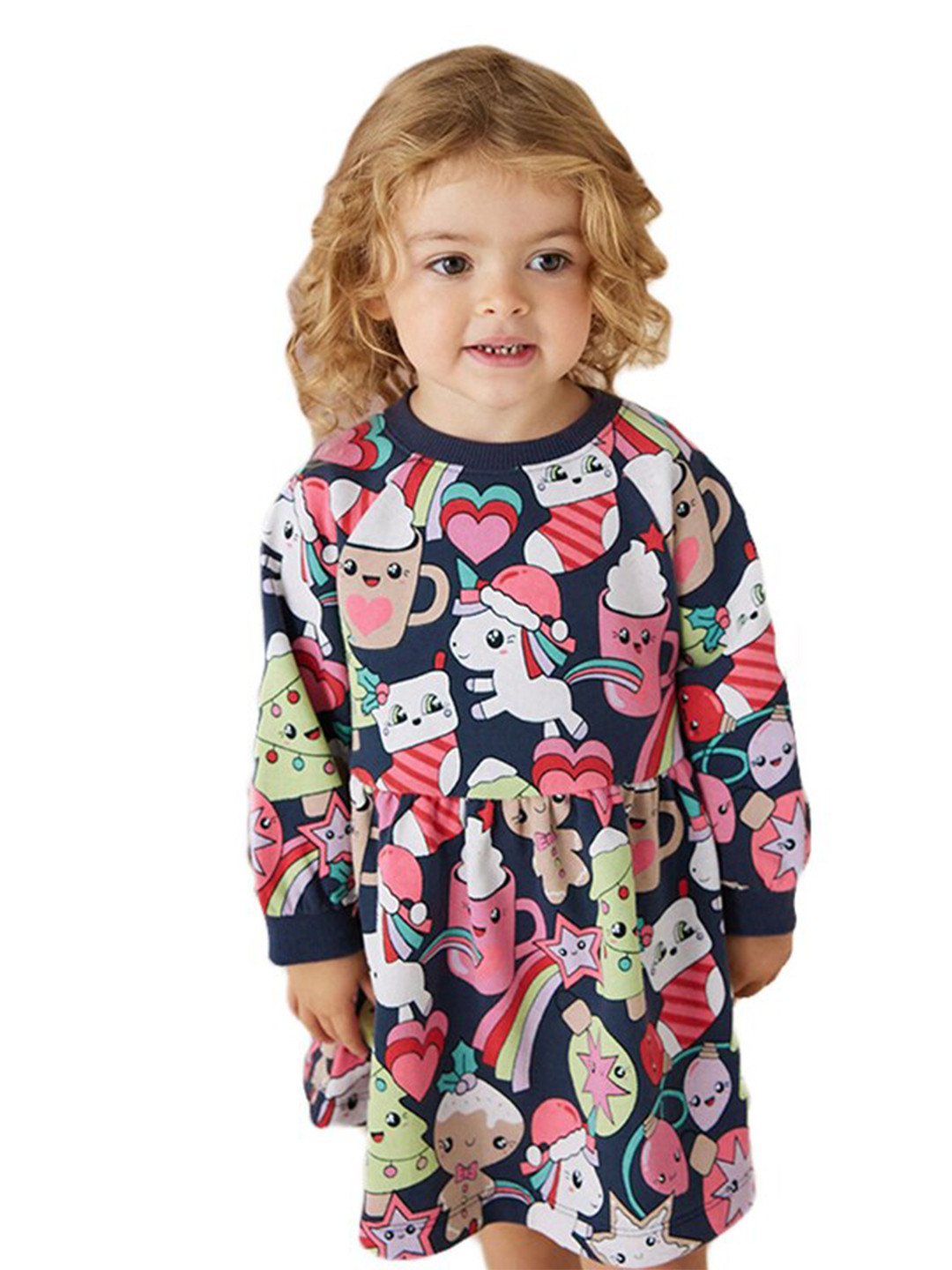 StyleCast Girls Navy Blue & White Unicorn Printed A-Line Mini Cotton Dress