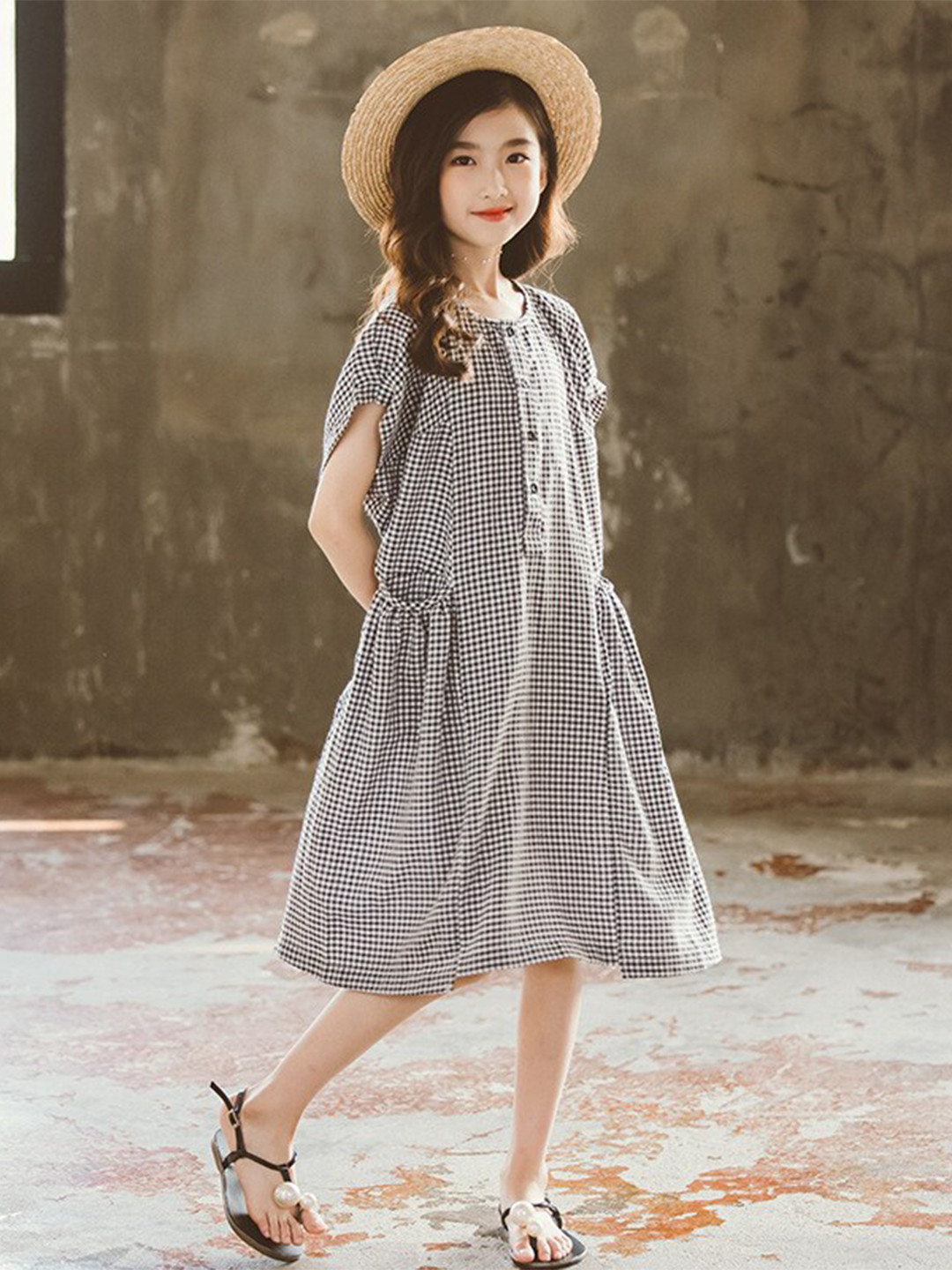 StyleCast Girls Black Checked Extended Sleeves Cotton A-Line Dress
