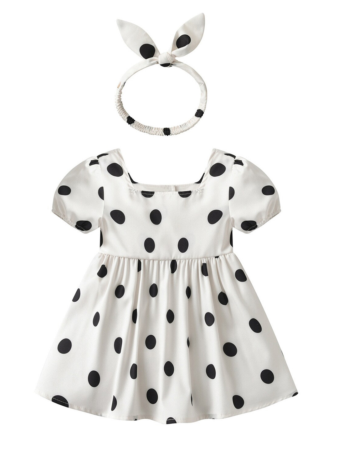 StyleCast White Polka Dot Printed Puff Sleeve Cotton Fit & Flare Dress With Hairband