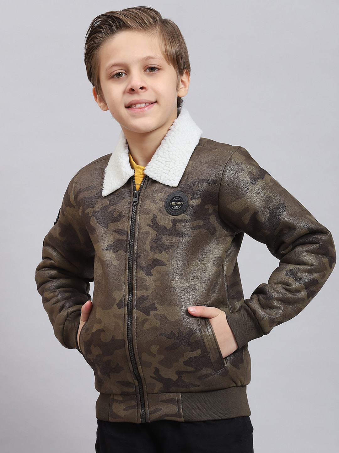 Monte Carlo Boys Camouflage Printed Faux Fur Trim Lightweight Bomber Jacket