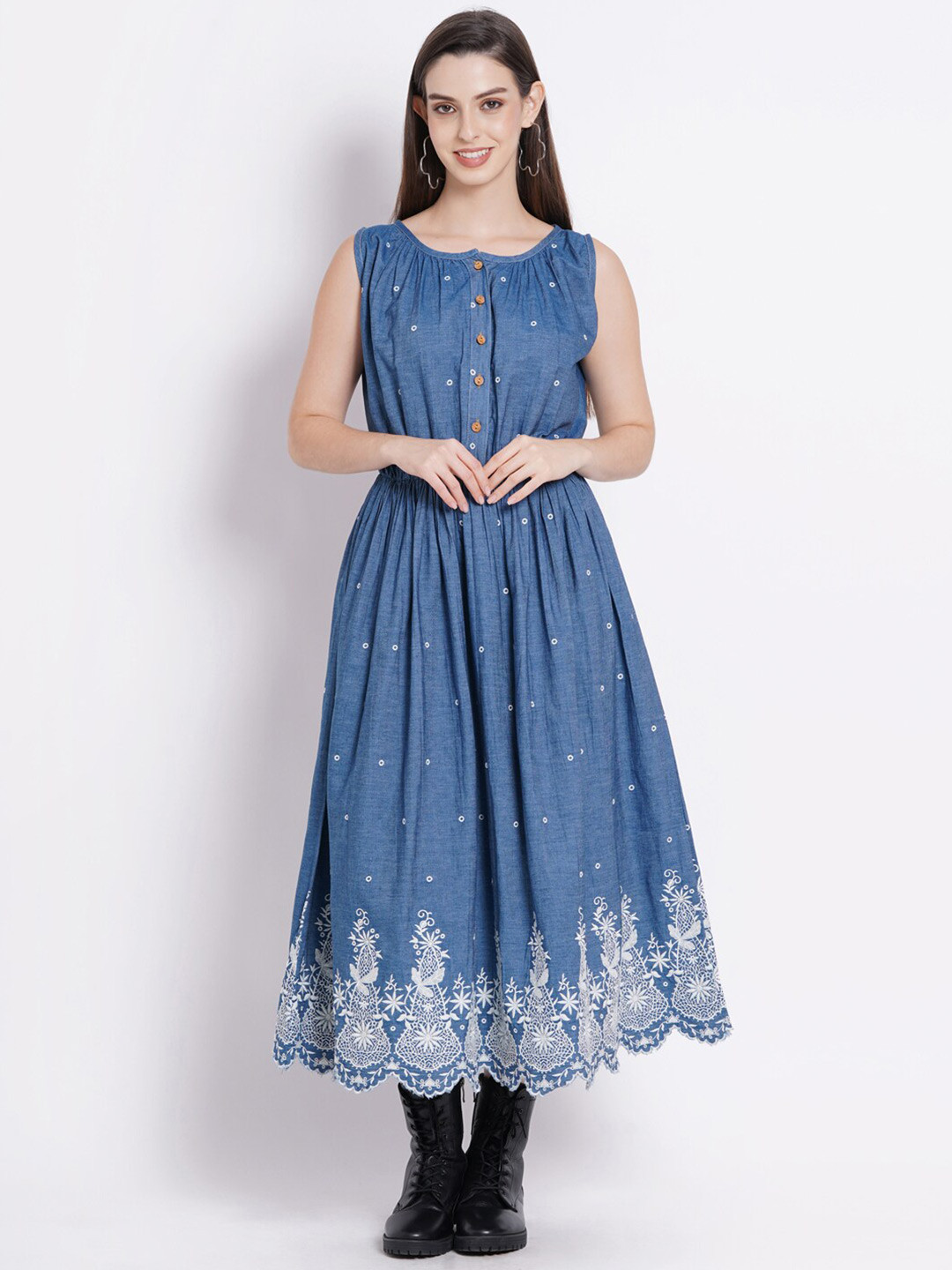 SUMAVI-FASHION Ethnic Motifs Embroidered Gathered Organic Cotton Denim Maxi Dress