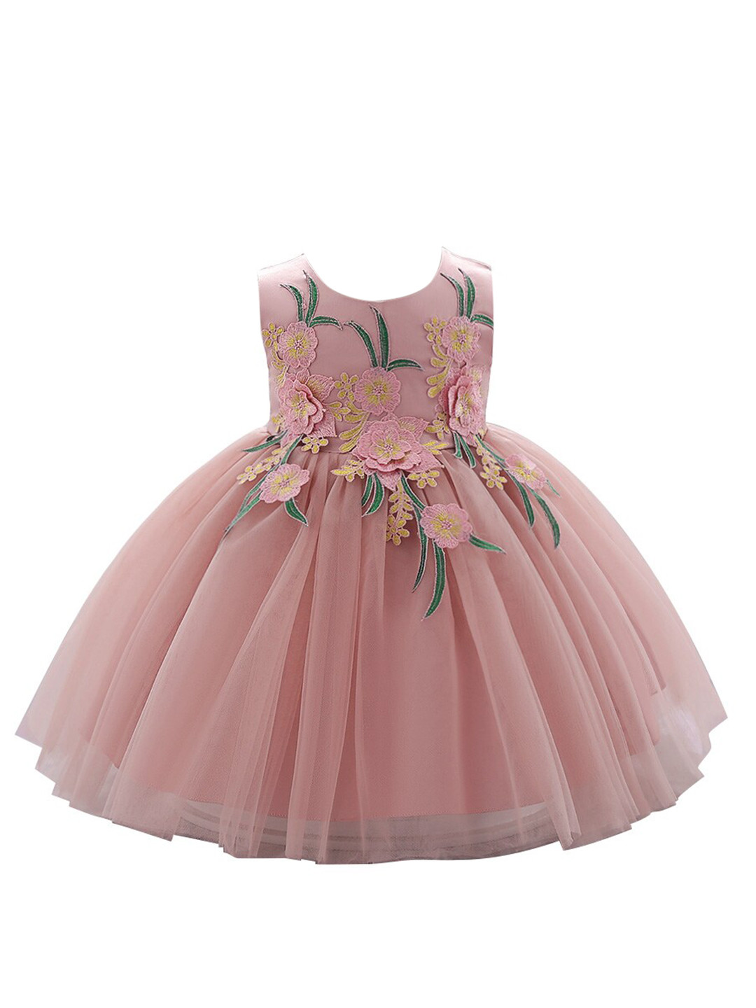 StyleCast Girls Pink Floral Self Design Gathered Applique Balloon Dress